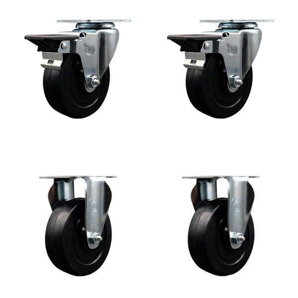4'' Soft Rubber Wheel Swivel Top Plate Caster Set with 2 Posi Brakes 2 Rigid, 4PK